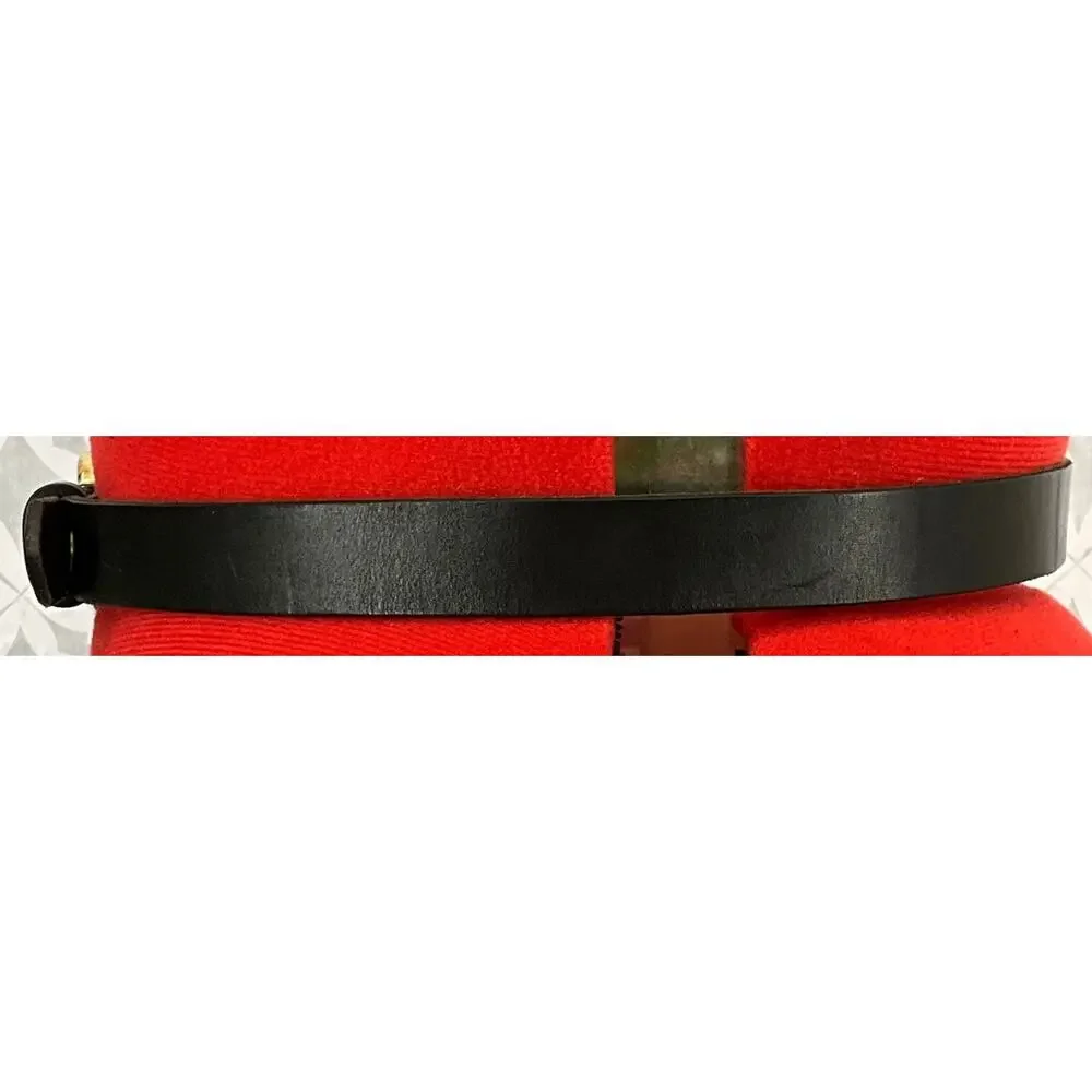 Vintage 90s Black Leather Brass Round Buckle Belt Women 31.5”-35.5”
